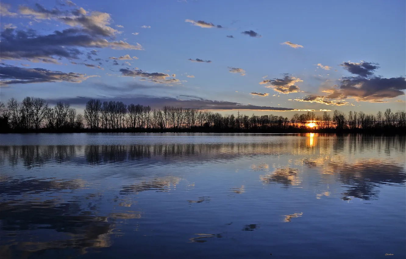 Photo wallpaper sunset, lake, reflection, the evening