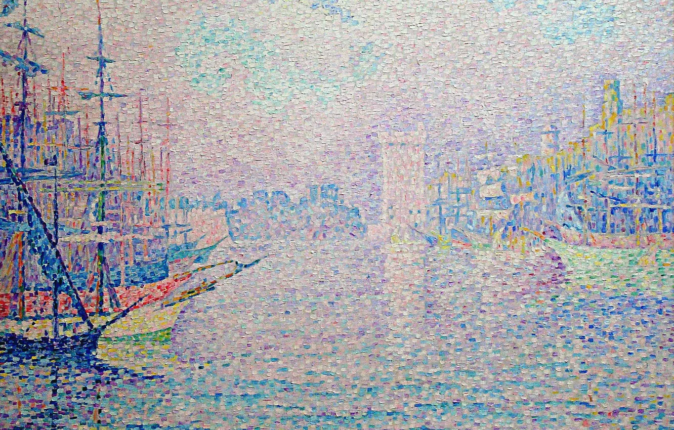 Photo wallpaper the city, ship, tower, picture, Paul Signac, pointillism, The Port Of Marseille