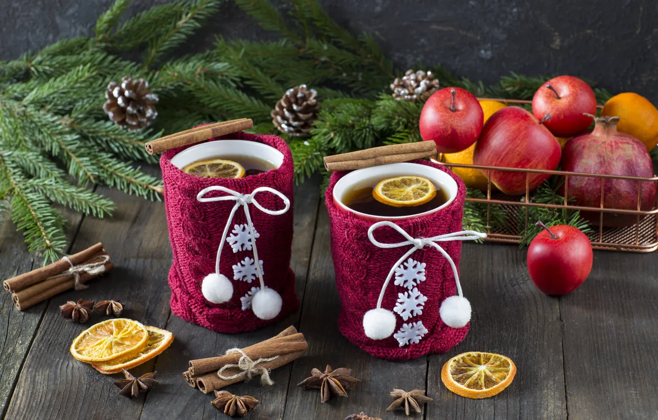 Photo wallpaper snow, decoration, apples, New Year, Christmas, Christmas, snow, cup