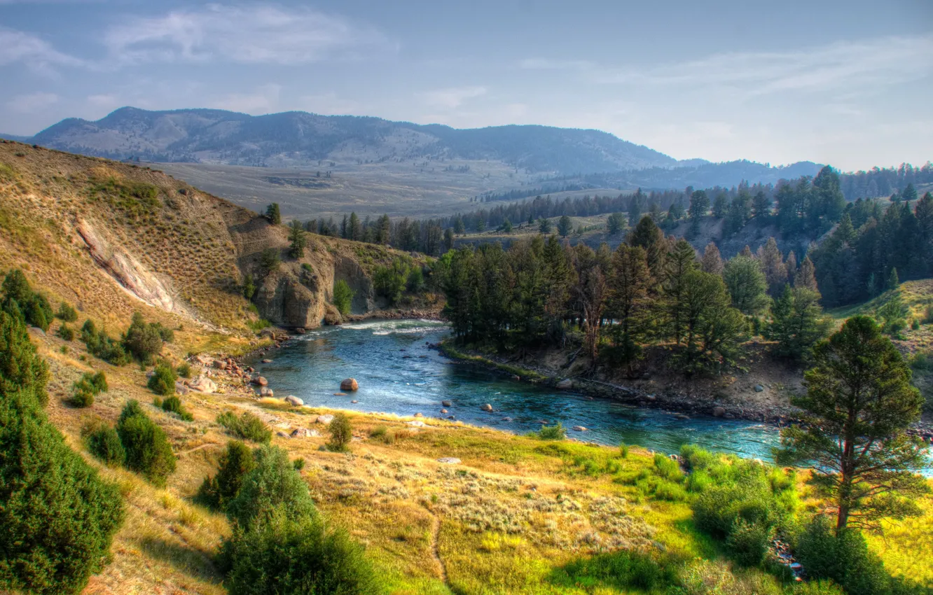 Photo wallpaper landscape, nature, river, HDR, USA, Yellowstone