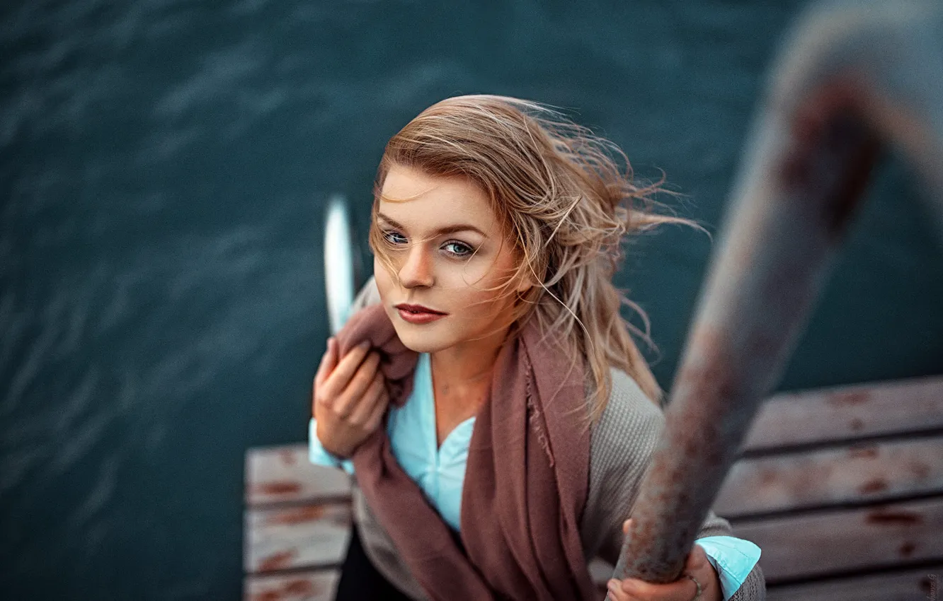 Photo wallpaper look, water, girl, Board, blonde, handrails, Stephanos Georgiou