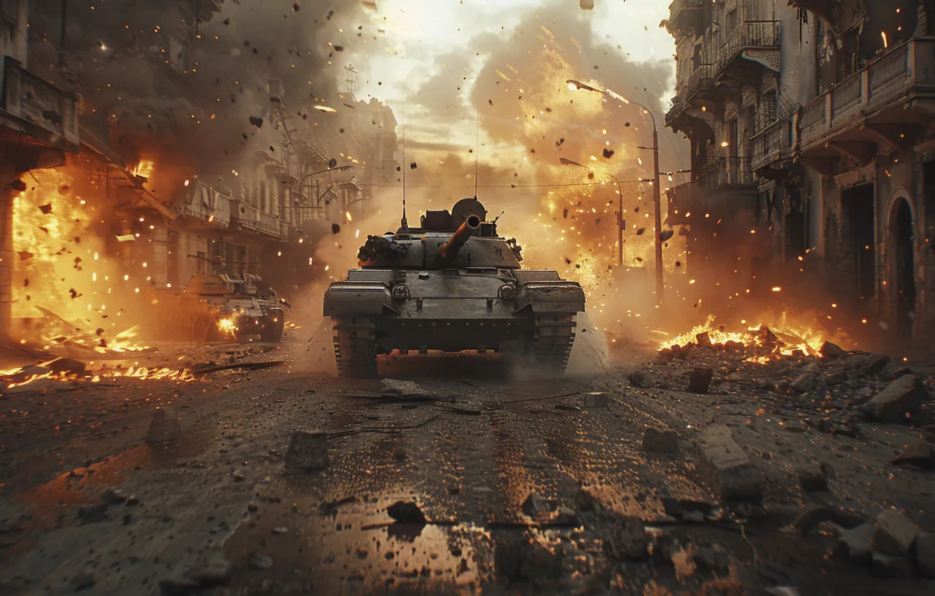 Photo wallpaper Home, Fire, Building, Tank, Digital art, Devastation, AI art, The Art of Artificial Intelligence