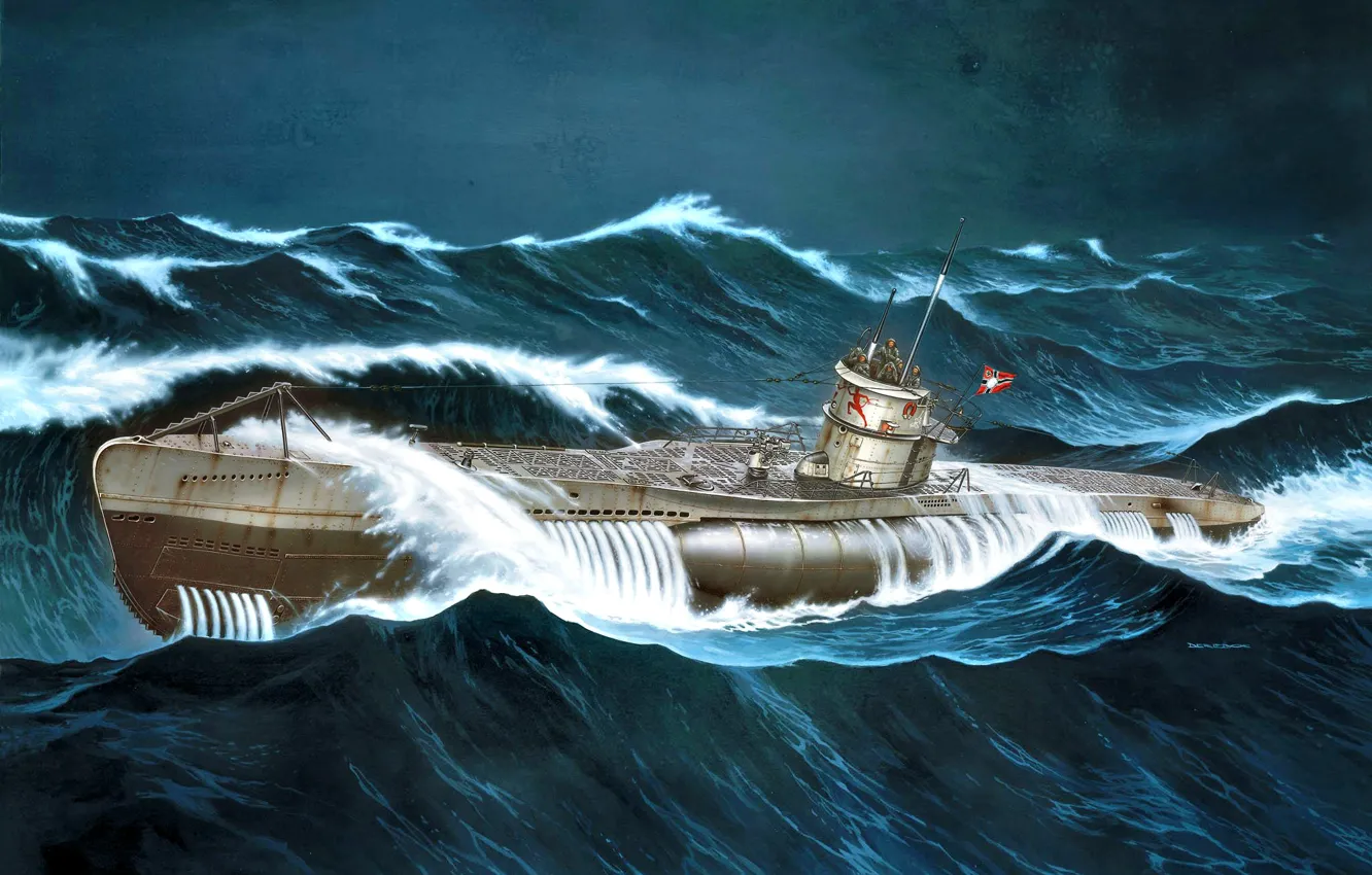 Photo wallpaper wave, Storm, WWII, German submarine, U-552, U-boot type VIIC, Erich Topp