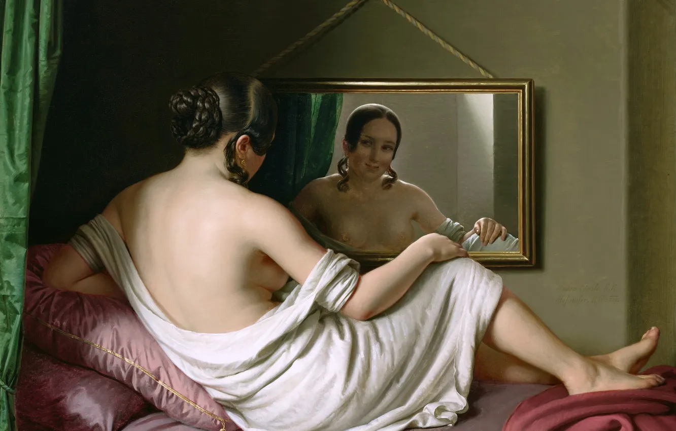 Photo wallpaper girl, reflection, bed, picture, mirror, Austrian artist, Anton Ainsle, The girl in front of the …