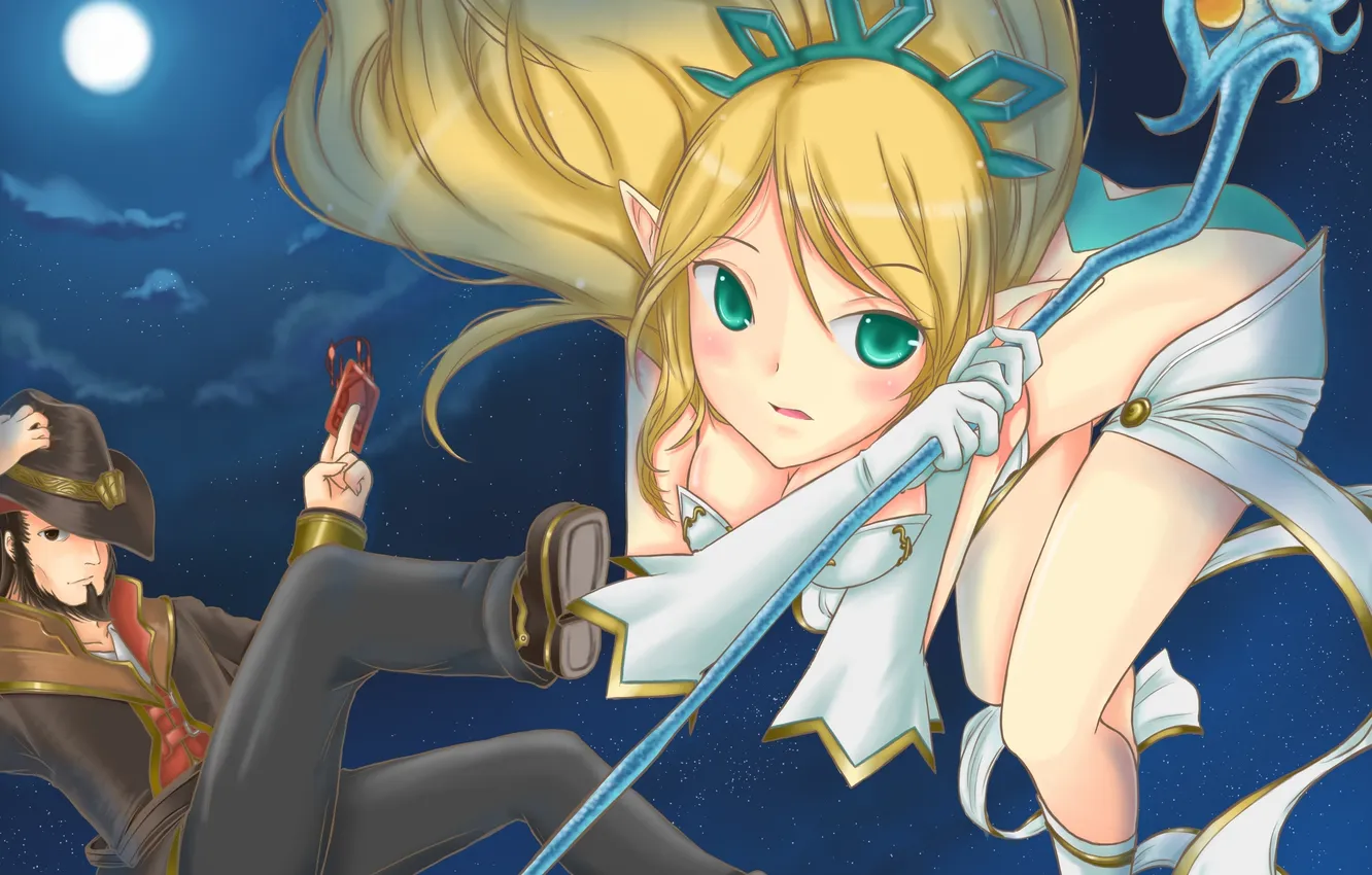 Photo wallpaper girl, flight, night, the moon, staff, guy, League of Legends, Janna
