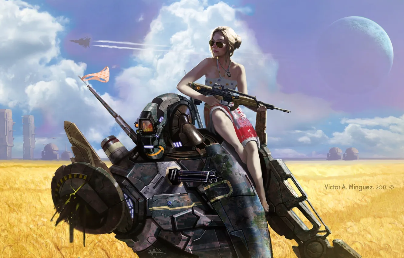 Photo wallpaper girl, weapons, background, fiction, robot, art, glasses, machine