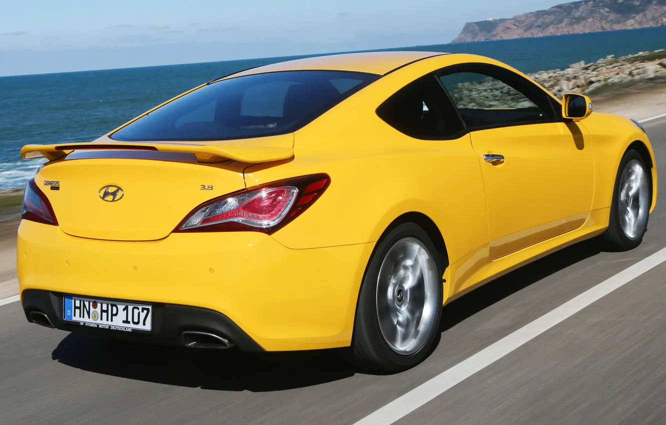 Photo wallpaper car, Hyundai, yellow, Coupe, speed, Genesis