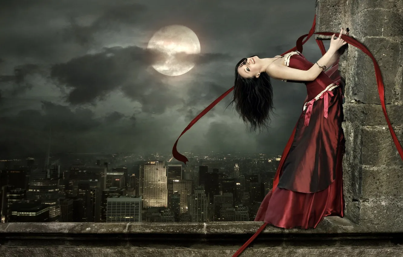 Photo wallpaper girl, night, the city, wall, Gothic, the moon, height, red dress