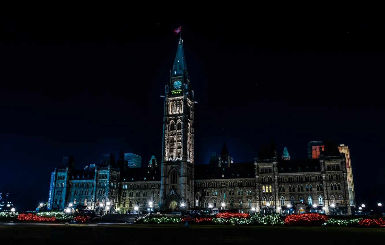 Photo wallpaper night, lights, Canada, the Parliament building, light show, Ottawa