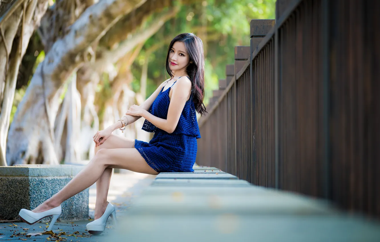 Photo wallpaper look, girl, hair, legs, Asian, bokeh