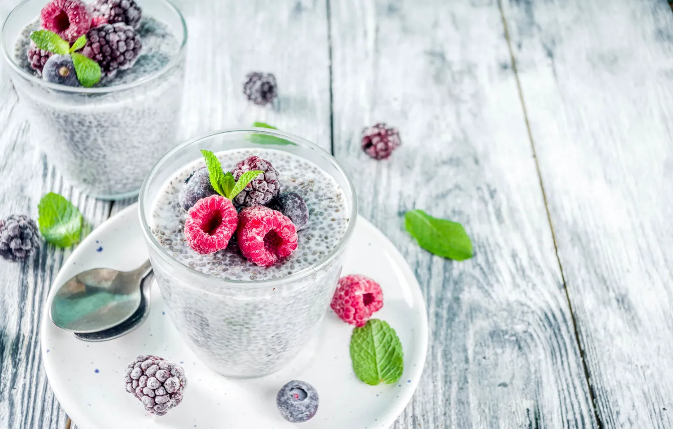 Photo wallpaper berries, raspberry, table, spoon, glasses, BlackBerry, yogurt, Chia