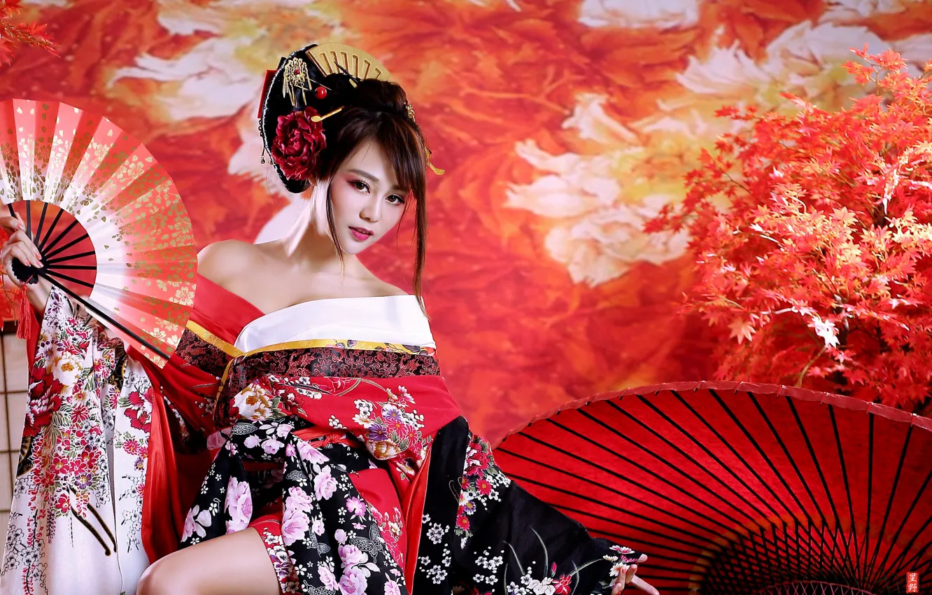 Photo wallpaper girl, fan, geisha, kimono, Asian