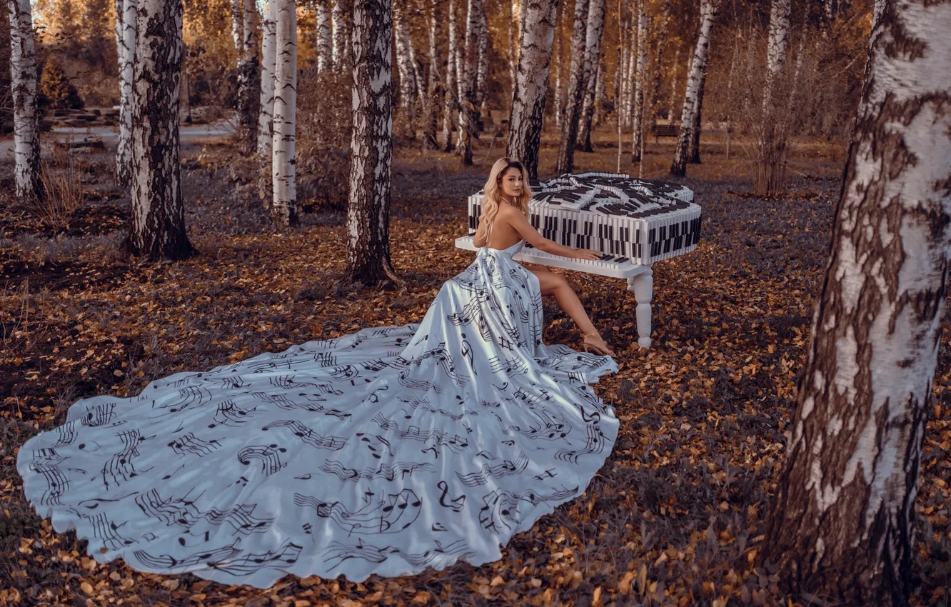 Photo wallpaper long, style, look, Park, piano, glade, girl, notes