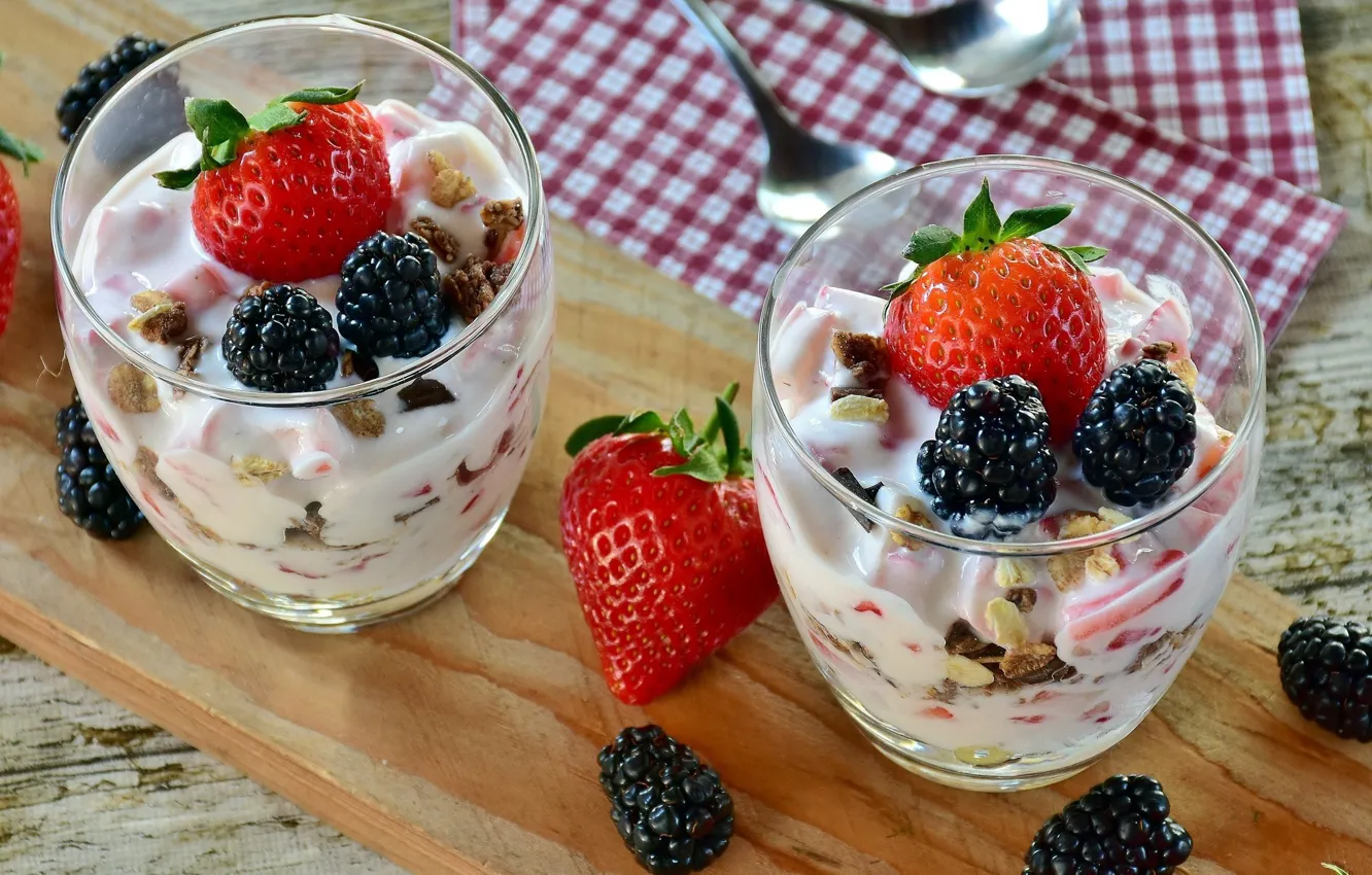 Photo wallpaper berries, food, strawberry, ice cream, glasses, nuts, dessert, BlackBerry