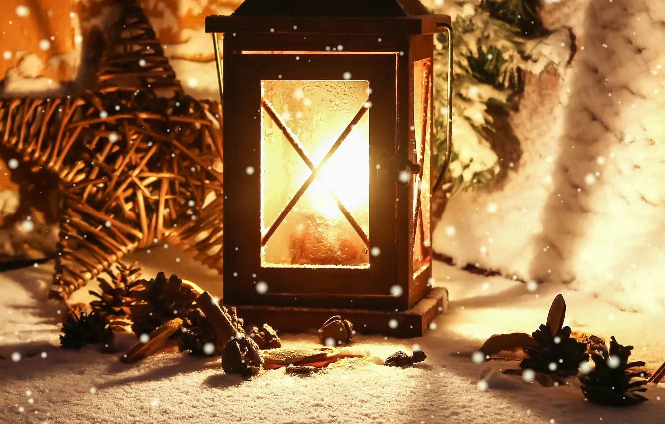 Photo wallpaper winter, light, snow, candle, flashlight, lantern, bumps