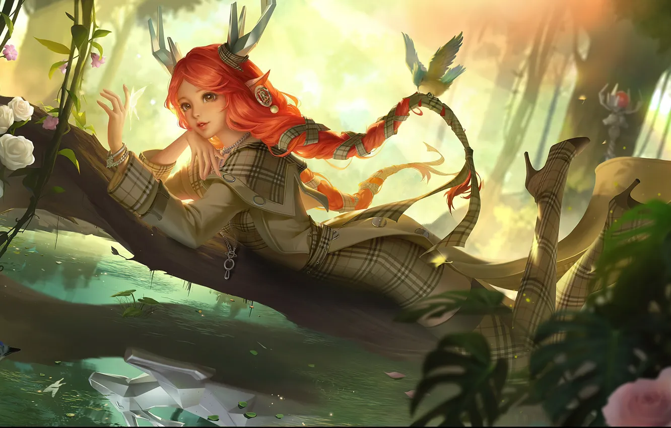 Photo wallpaper girl, trees, red, game, selfica, Video Games, Honor of Kings