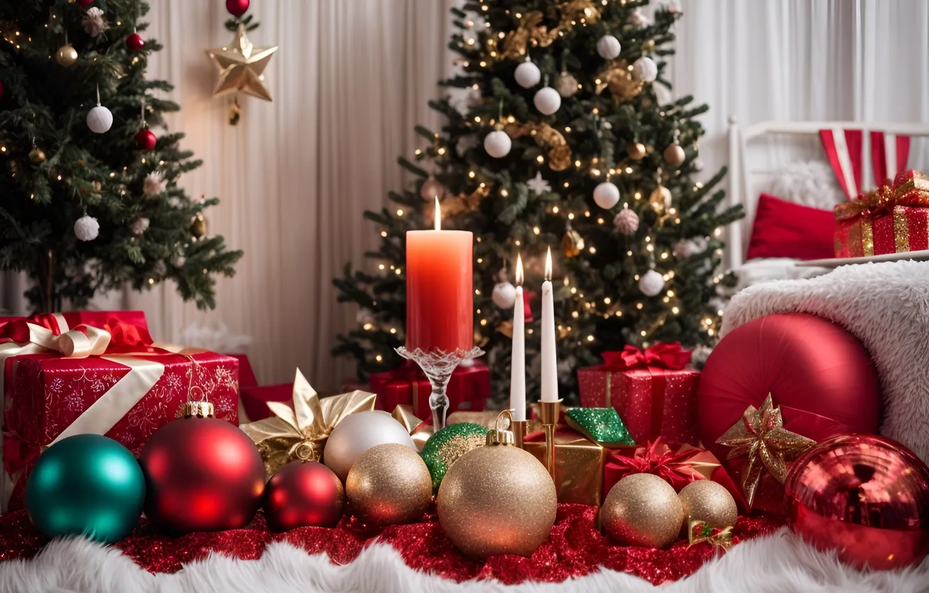 Photo wallpaper stars, balls, red, lights, room, gift, new year, candles