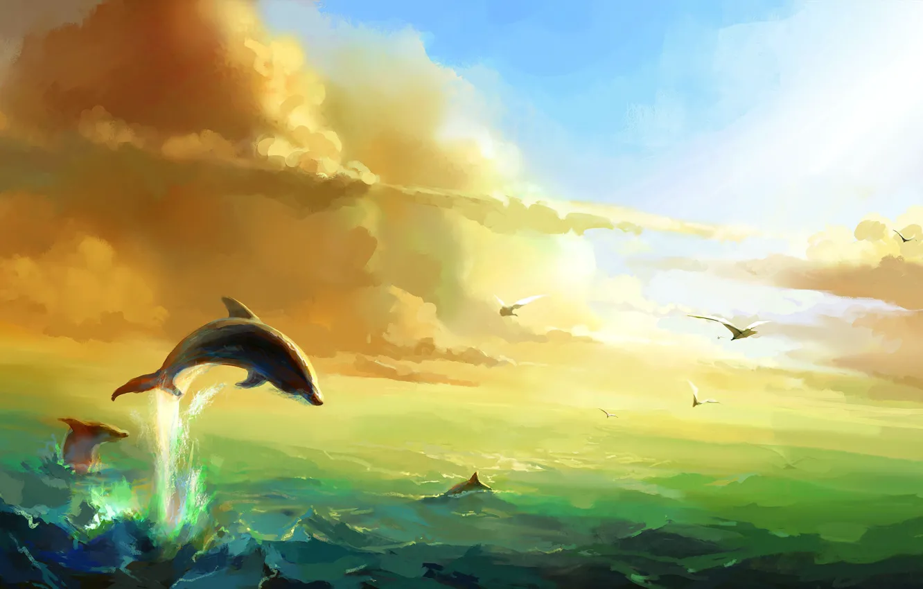 Photo wallpaper The sun, Clouds, Sea, Seagulls, Dolphins