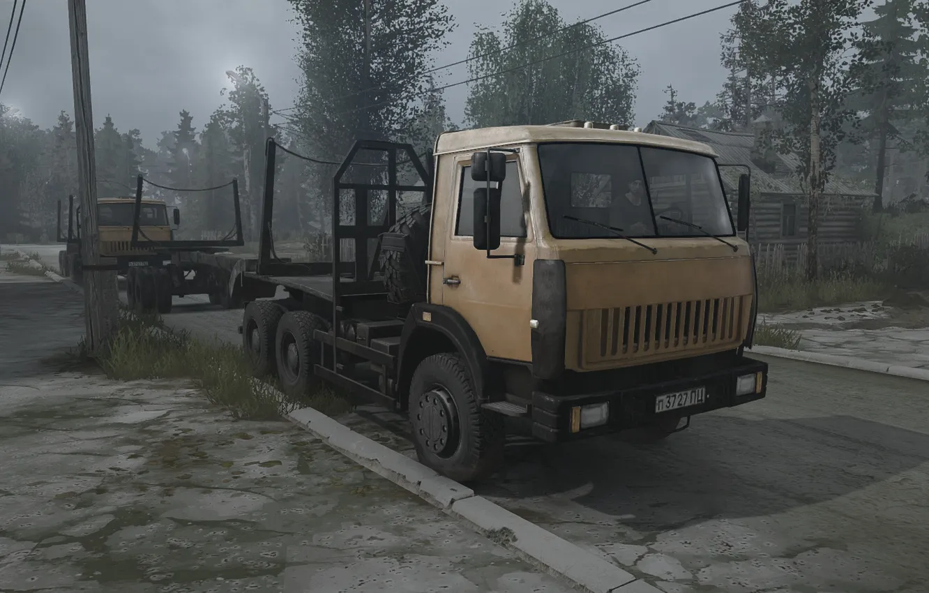 Photo wallpaper Rig, truck, asphalt, Town, On Road, logs, MudRunner, asphalt road