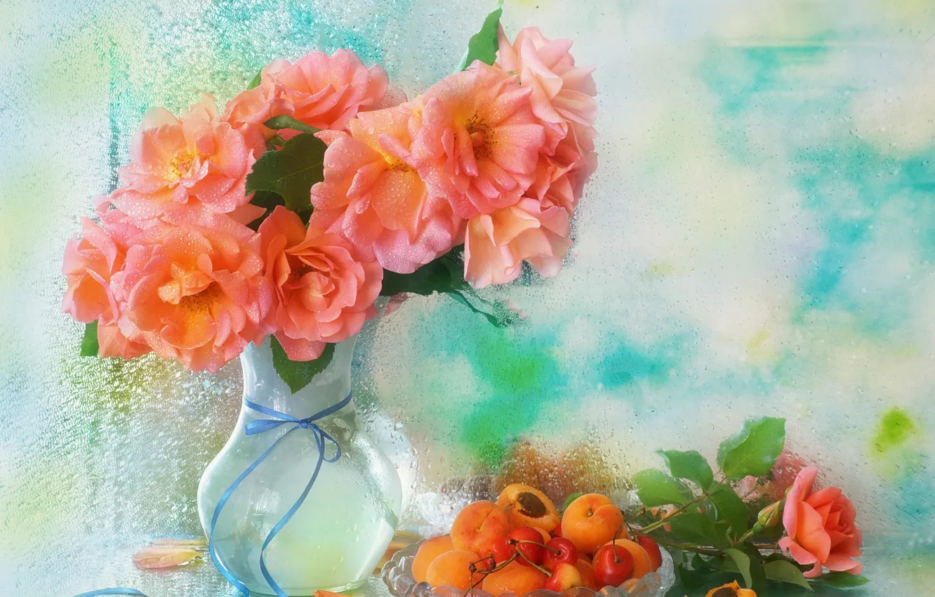 Photo wallpaper roses, still life, cherry, apricots