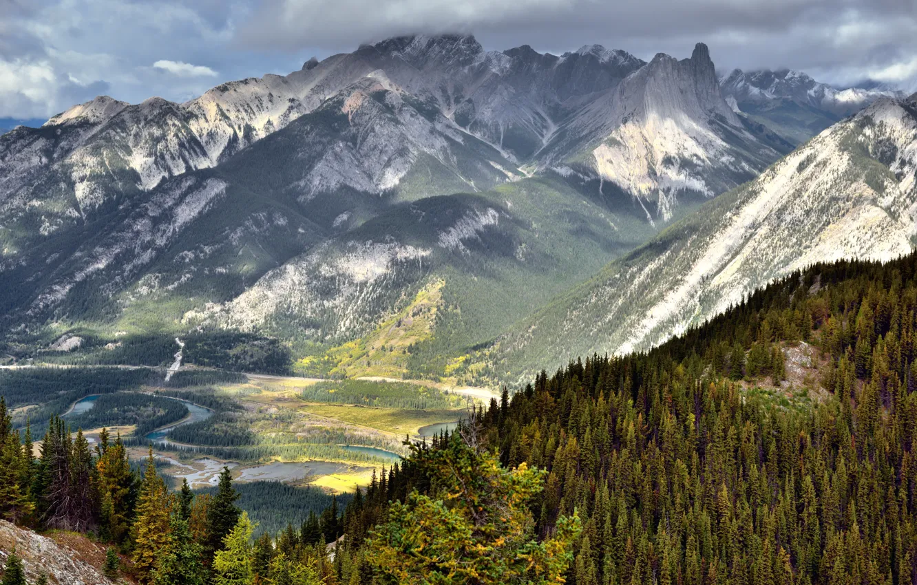 Photo wallpaper forest, clouds, landscape, mountains, nature, valley, slope