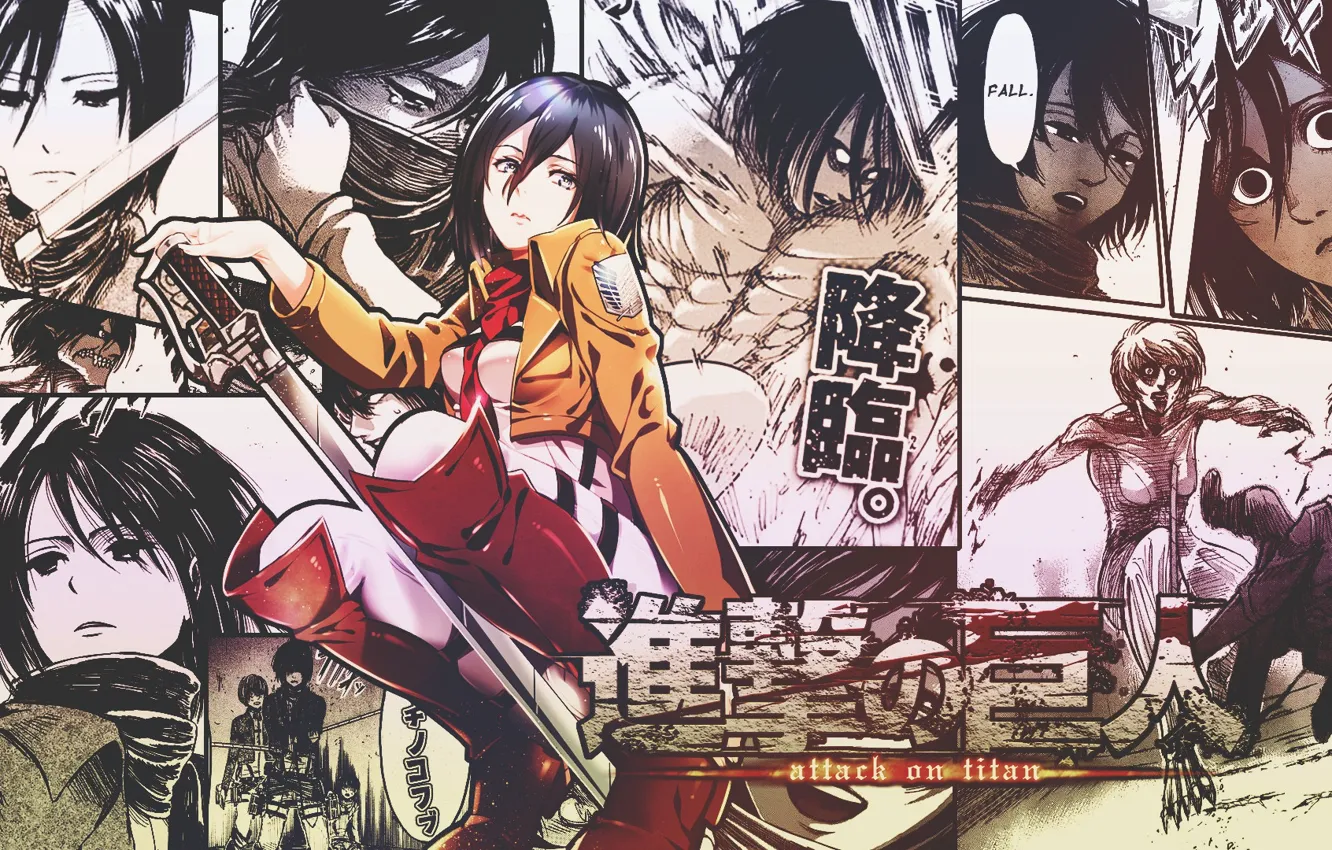 Photo wallpaper fight, monsters, hatred, mutants, Mikasa Ackerman, The Invasion Of The Titans, Eren Yeager, Annie Leonhardt