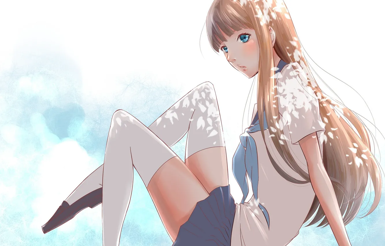 Photo wallpaper stockings, petals, Schoolgirl, blue eyes, sitting, long hair, sailor