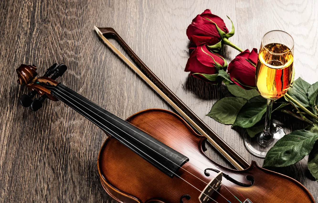 Photo wallpaper flowers, wine, violin, glass, roses