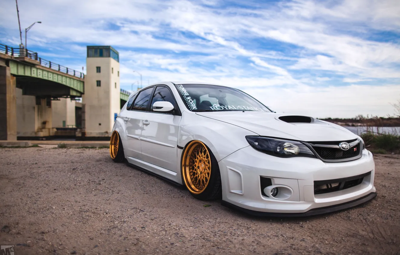 Photo wallpaper Subaru, Impreza, WRX, Japan, white, gold, STI, Front