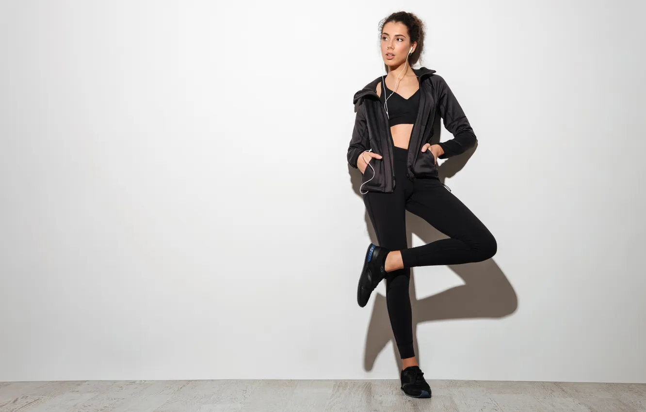 Photo wallpaper woman, young, brunette, fitness, curly