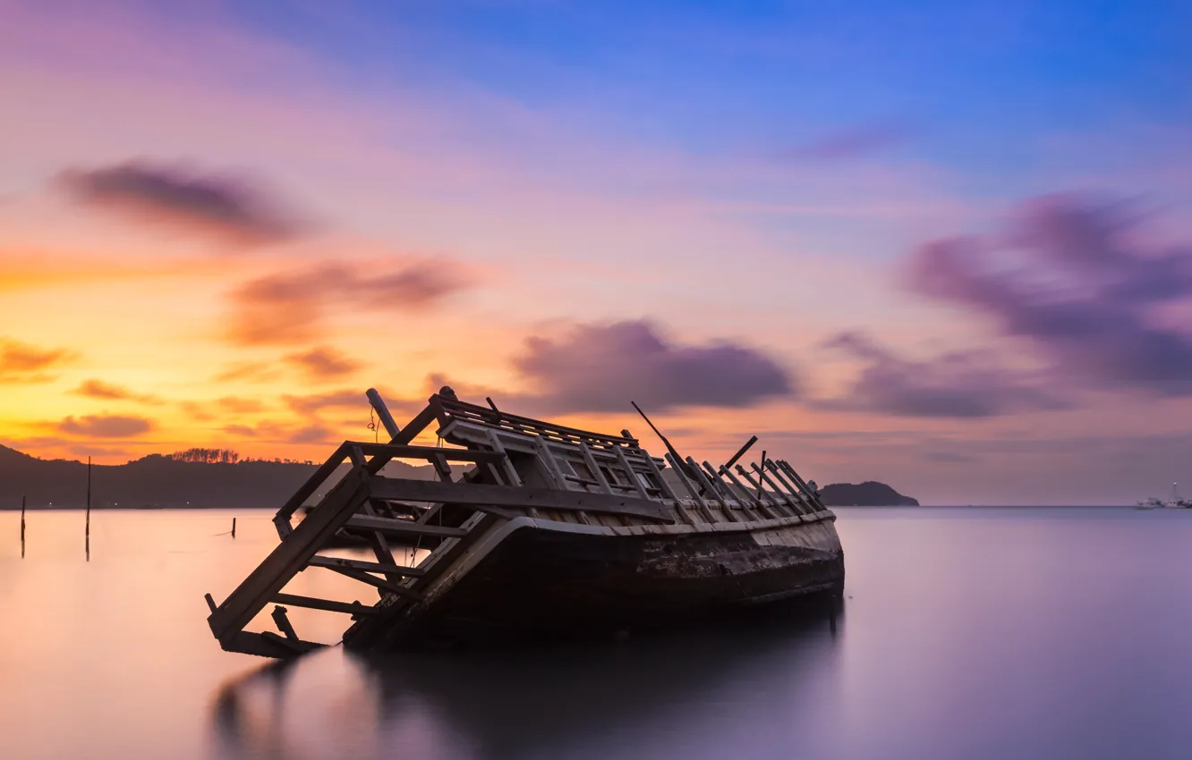 Photo wallpaper sea, beach, the sky, sunset, shore, ship, beach, sea