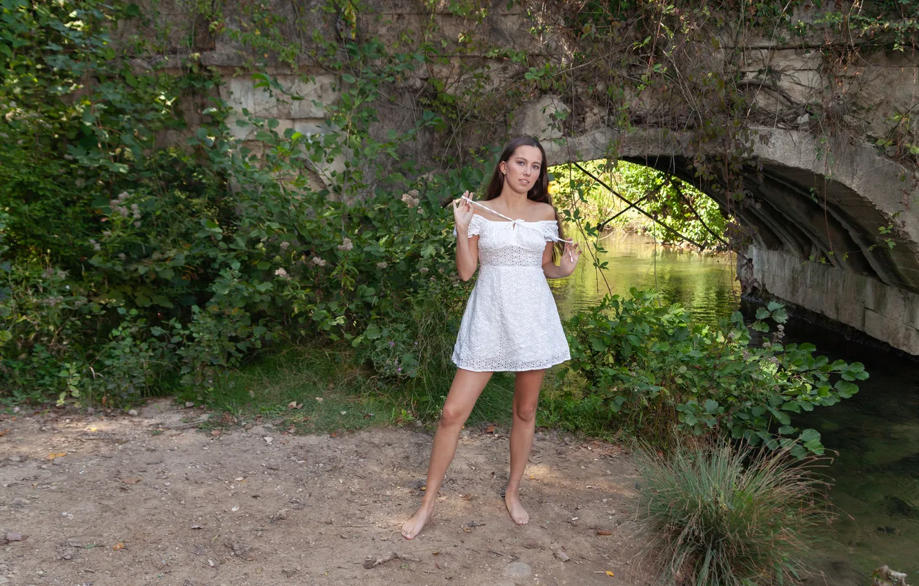 Photo wallpaper nature, model, brunette, countryside, gorgeous, posing, white dress, beautiful face