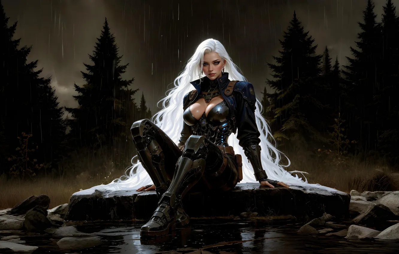Photo wallpaper girl, blonde, ai art, forest, night, armor