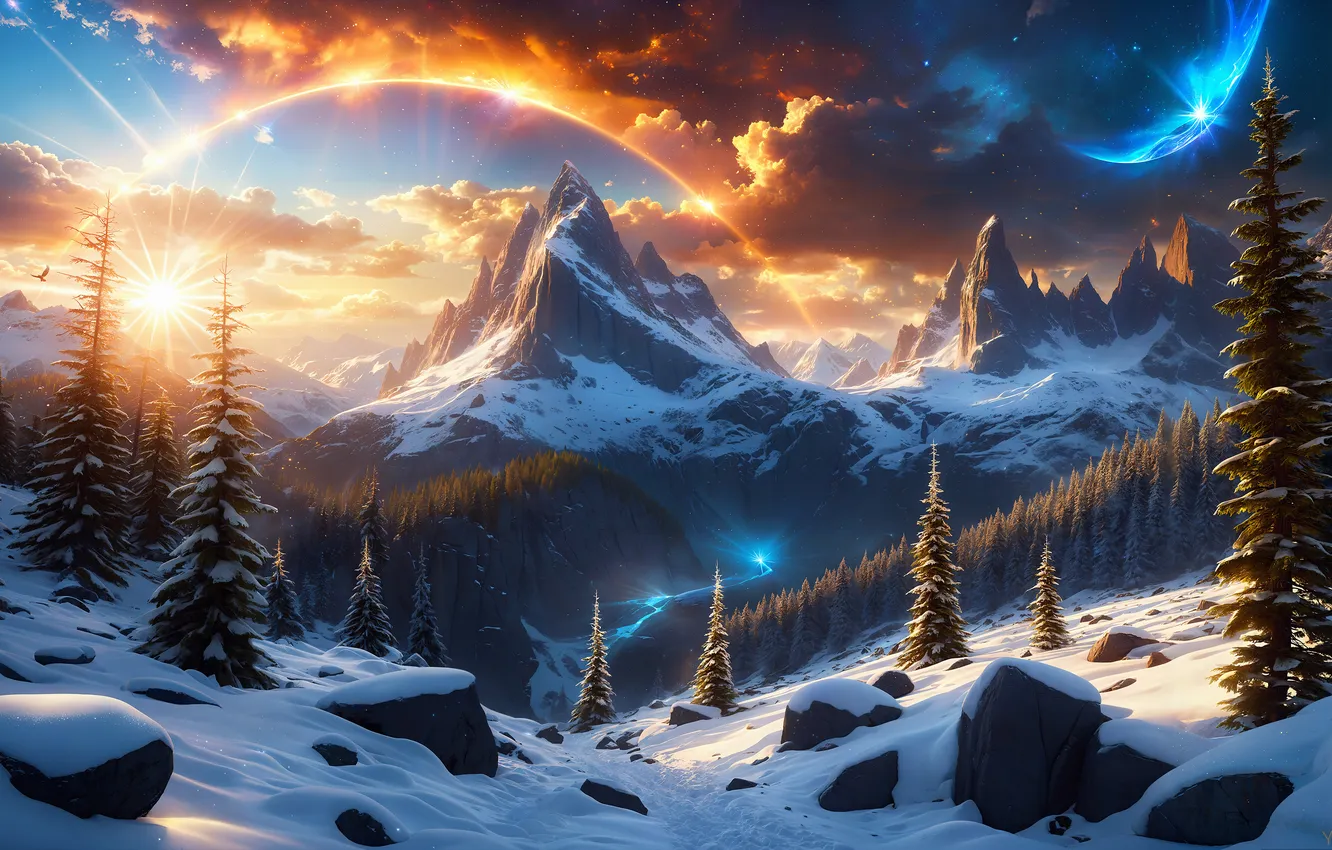 Photo wallpaper landscape, nature, snow, Mountain View, AI Art