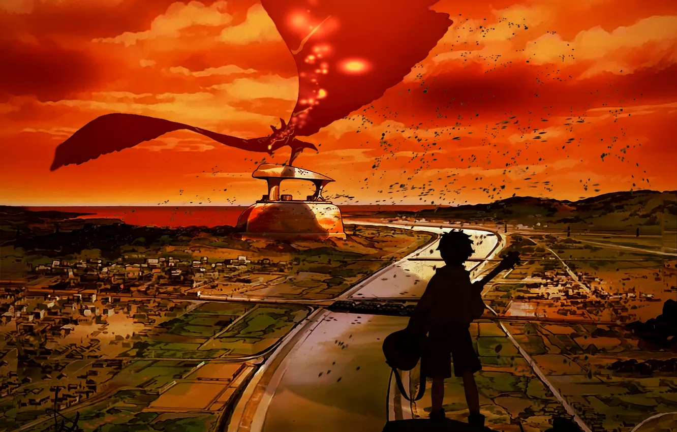 Photo wallpaper the sky, bridge, the city, river, guitar, anime, silhouette, art