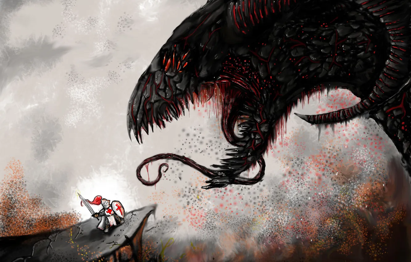 Photo wallpaper fight, dragon, knight, epic