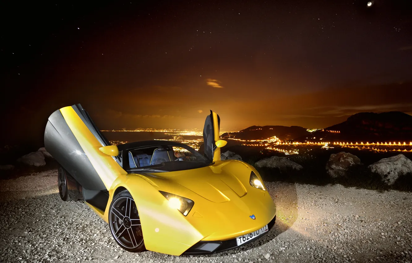 Photo wallpaper landscape, mountains, night, the city, Wallpaper, supercar, Marusya, Supercar