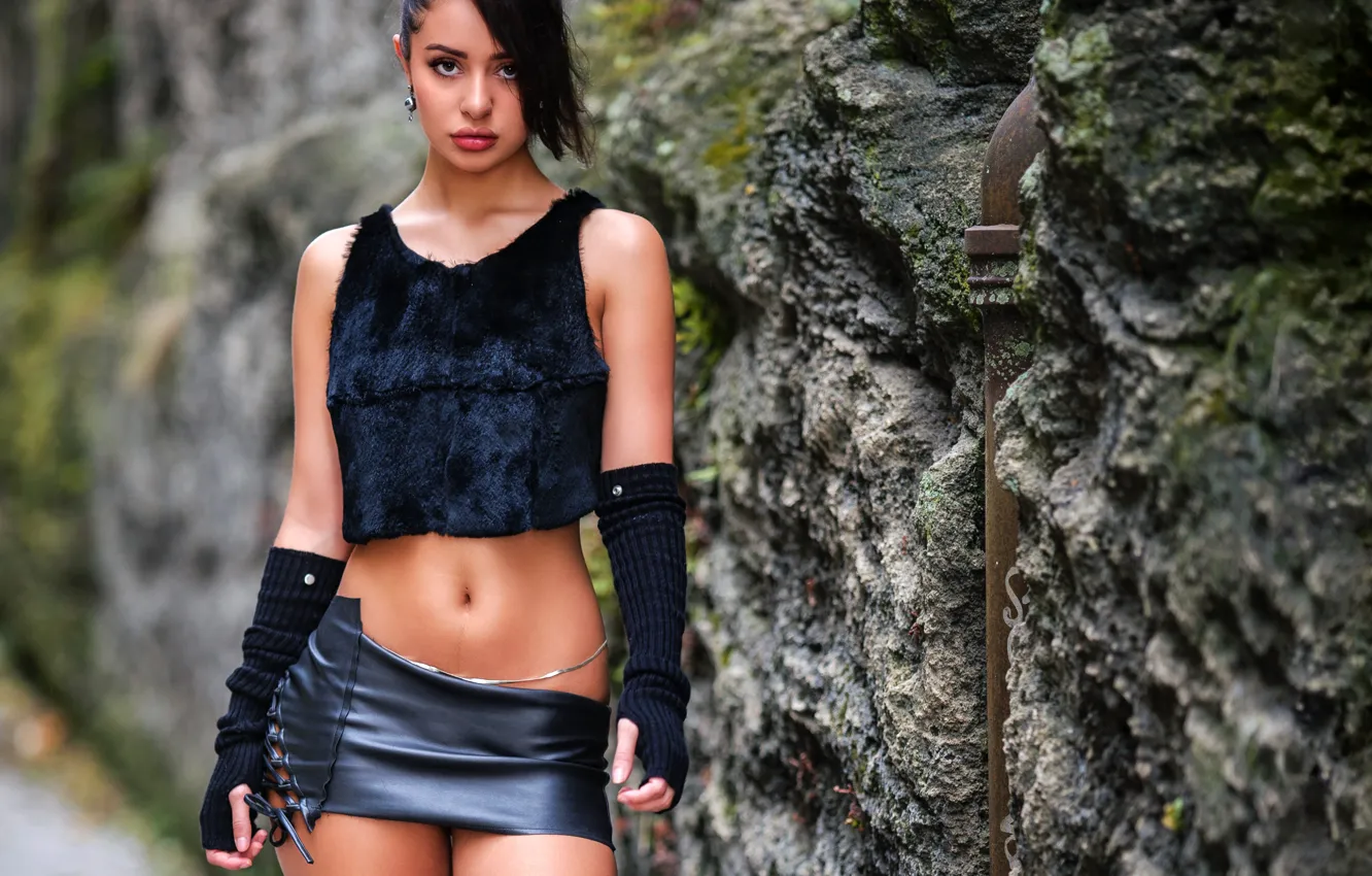 Photo wallpaper look, girl, sexy, pose, rocks, portrait, boots, makeup