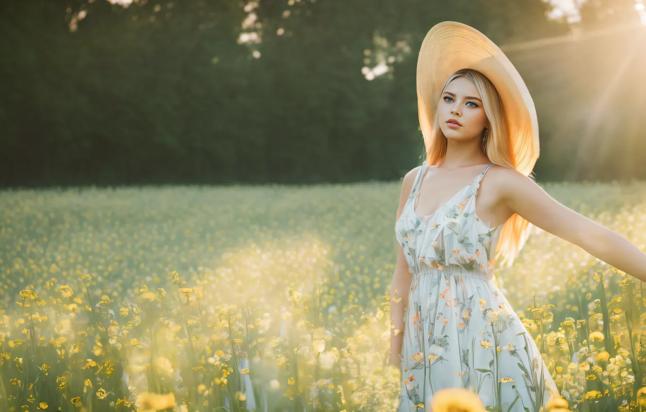Photo wallpaper field, summer, look, girl, the sun, rays, light, flowers