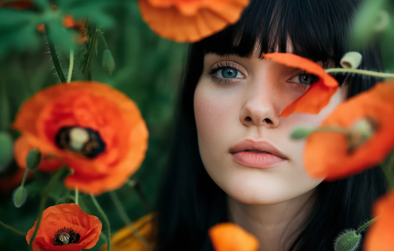 Photo wallpaper summer, look, girl, flowers, red, face, Maki, portrait