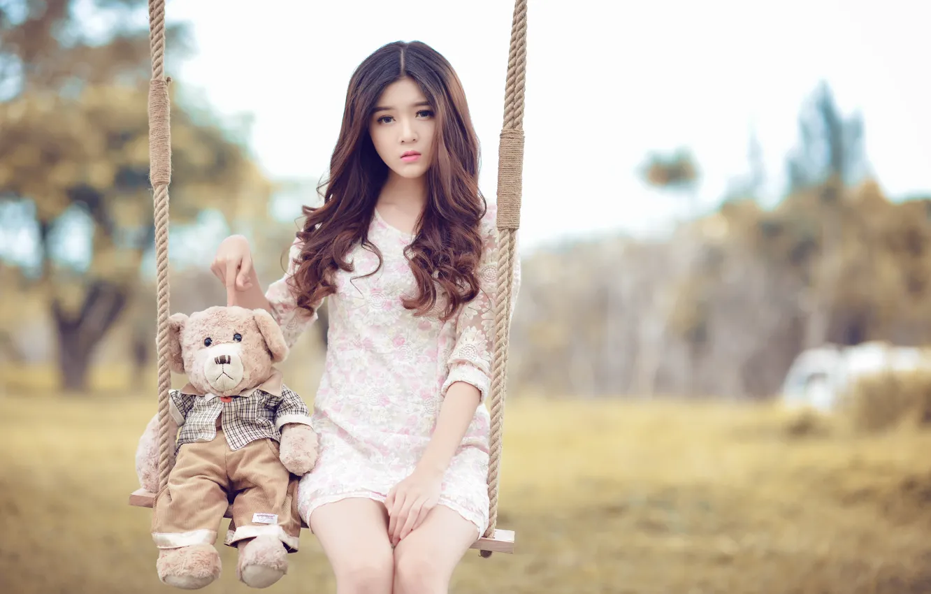 Photo wallpaper girl, swing, mood, bear