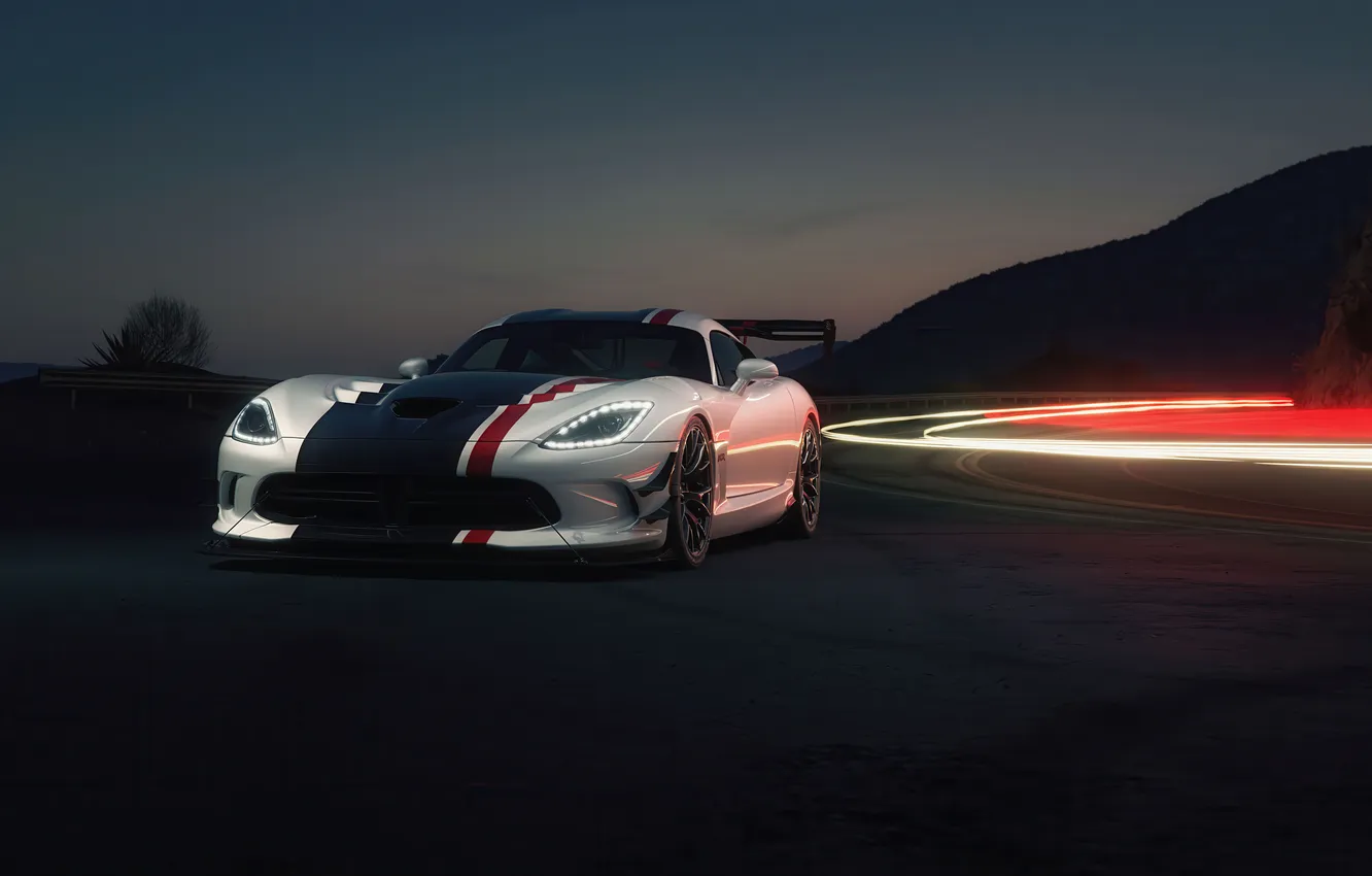 Photo wallpaper car, Dodge, road, Dodge Viper, night, long exposure, American cars, white cars