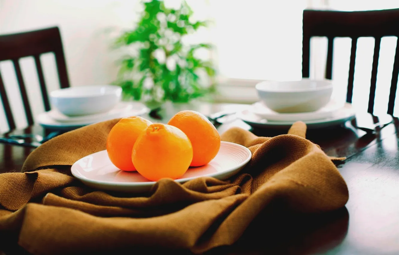 Photo wallpaper orange, table, chairs, food, oranges, plate, kitchen, mug