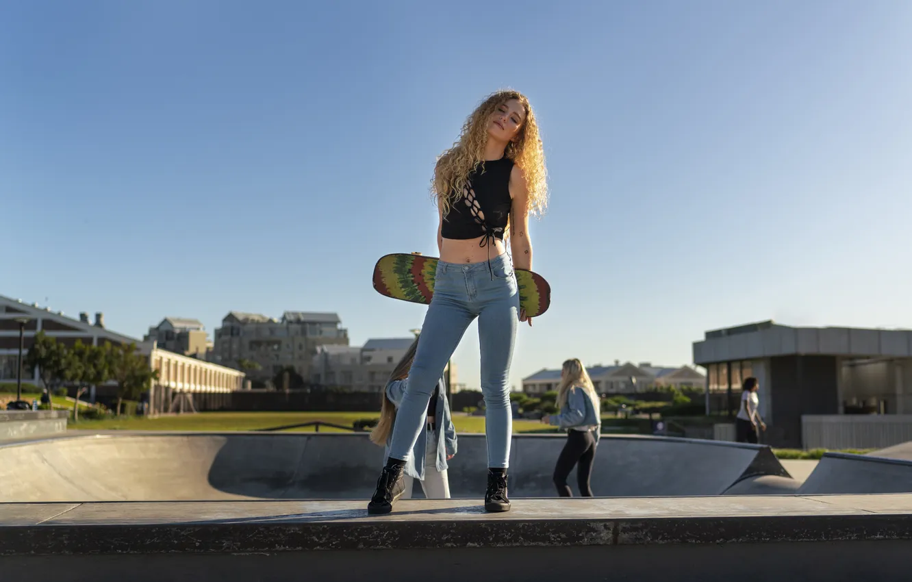 Photo wallpaper colorful, girl, front, view, skateboard, holding