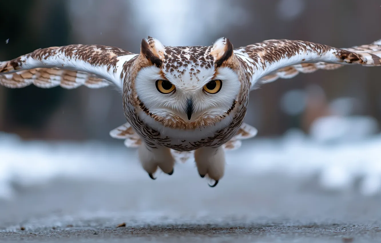 Photo wallpaper winter, look, snow, flight, nature, owl, bird, grey background