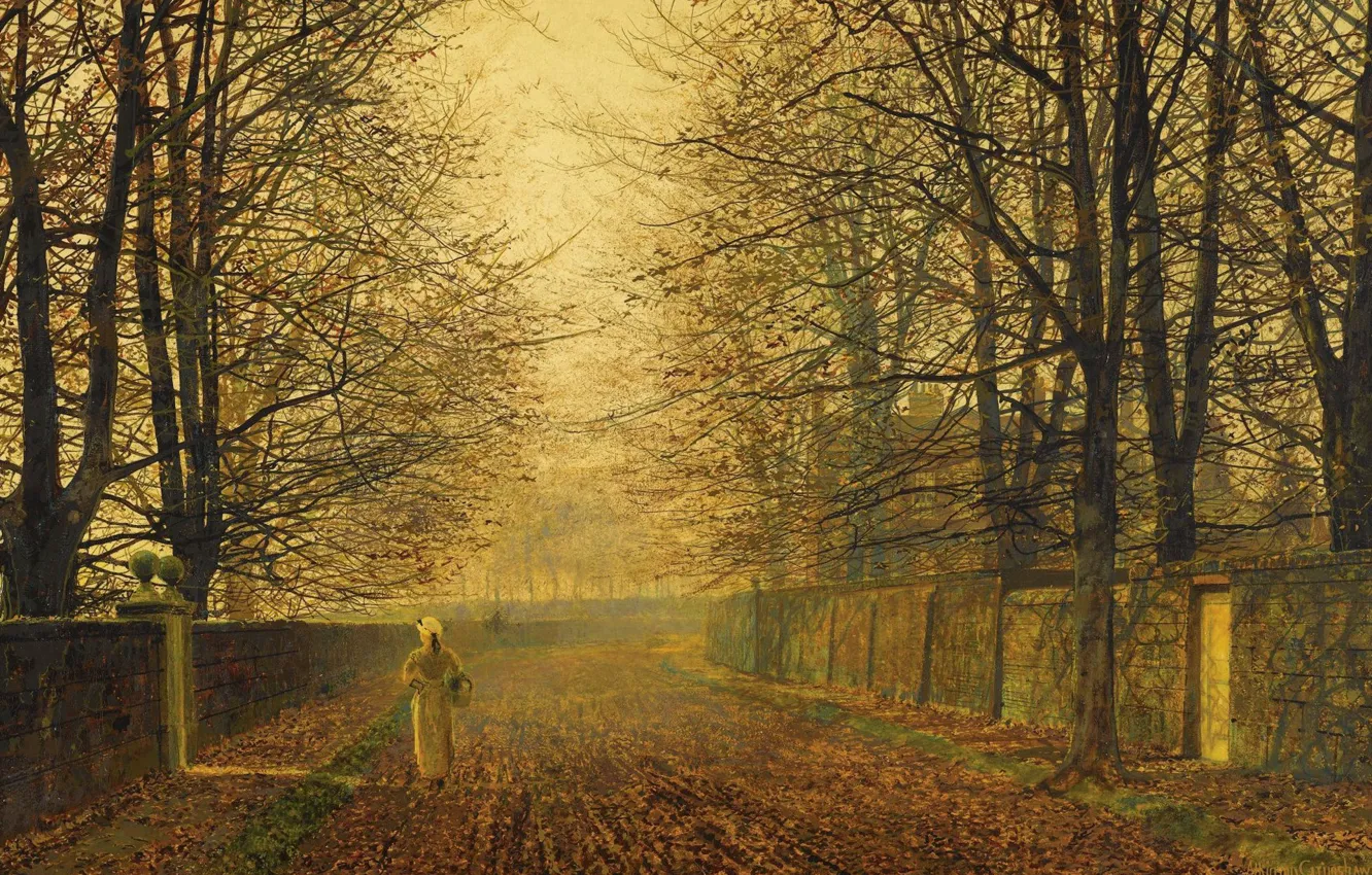 Photo wallpaper autumn, girl, trees, landscape, street, the fence, picture, John Atkinson Grimshaw