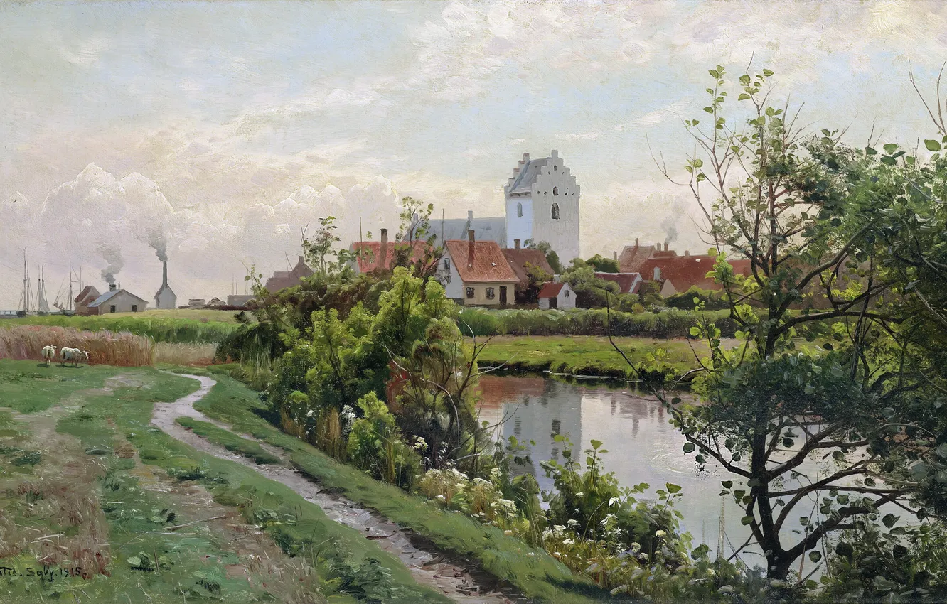Photo wallpaper Home, Trees, Picture, River, Peder Mork Monsted, Danish painter, Peder Mork Monsted, It's a sunny …
