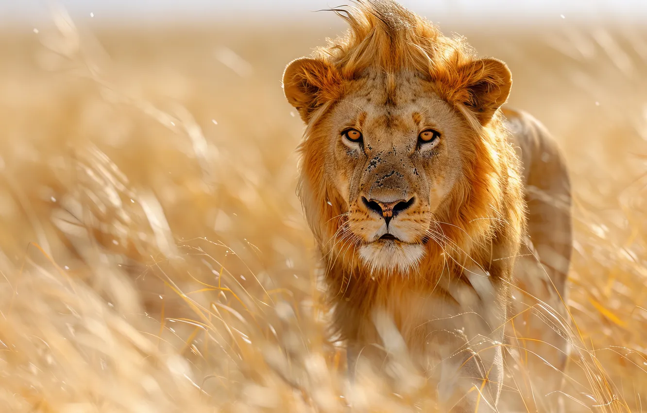 Photo wallpaper Grass, Look, Leo, Face, Predator, Front, Digital art, Big Cats