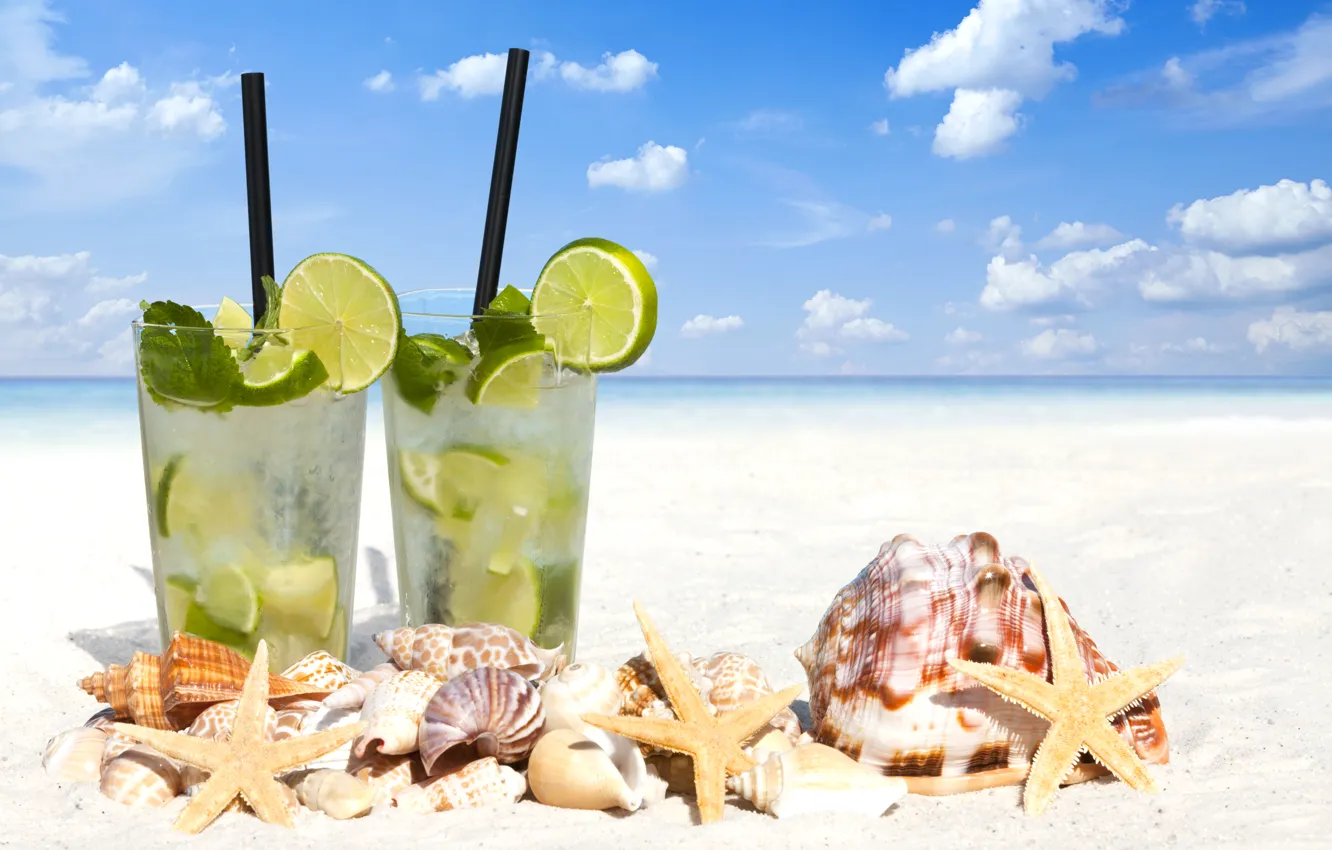 Photo wallpaper sea, beach, shell, beach, drink, mojito, cocktail, lime