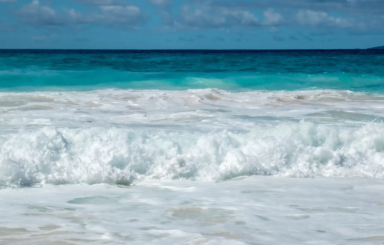 Photo wallpaper sea, wave, beach, summer, the sky, foam, clouds, shore